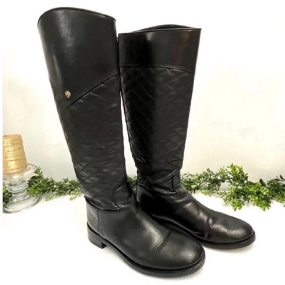 Tory Burch Claremont Black Quilted Leather Riding Boots Size 8